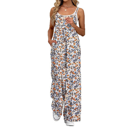 Women's Floral Print Jumpsuit Sleeveless Wide Leg Jumpsuit Adjustable Strap Casual Summer Romper with Pockets