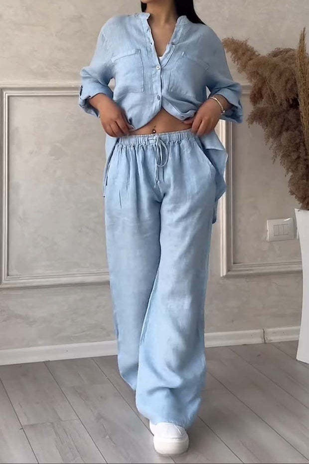 Women's Linen Two Piece Set Button Down Shirt and Wide Leg Pants Casual Matching Outfit Summer Vacation Co Ord Set