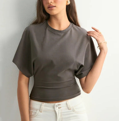 Women's Ruched Long Sleeve Top with Wide Sleeves Crew Neck Fitted Casual Blouse