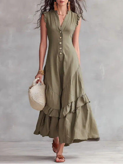 Women's Cotton Linen Maxi Dress Sleeveless V Neck Button Front Ruffle Hem Boho Summer Dress with Pockets