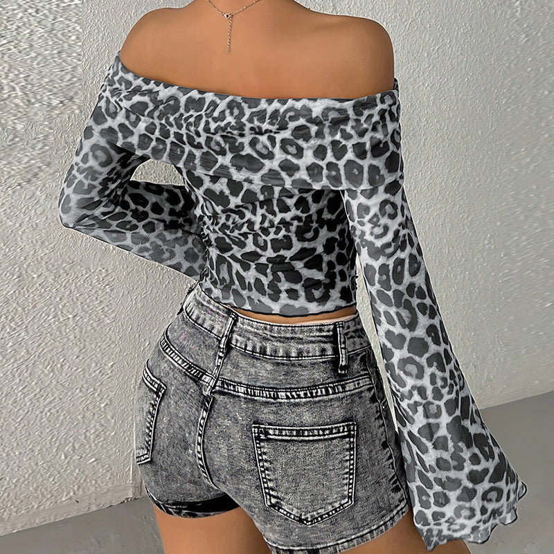 Women's summer sexy one-word shoulder long-sleeved off-the-navel leopard print top sexy hottie bottoming shirt - Seldom Seen Styles
