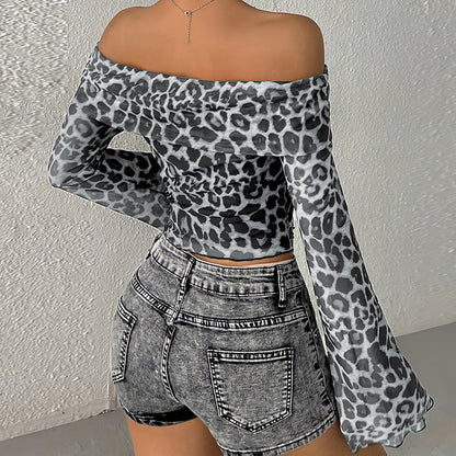 Women's summer sexy one-word shoulder long-sleeved off-the-navel leopard print top sexy hottie bottoming shirt