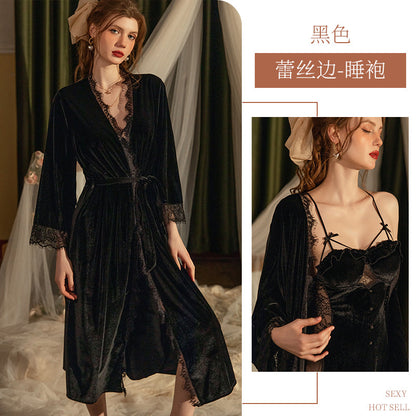Women's Leopard Print Satin Nightgown French Lace Slip Dress Sexy Spaghetti Strap Sleepwear Maxi Nightdress with Matching Robe