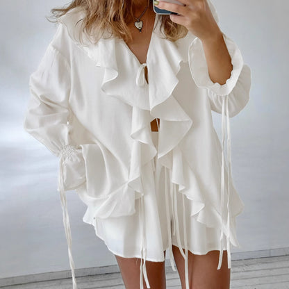 Women's Ruffle Two Piece Shorts Set Long Sleeve Loose Blouse and Shorts Outfit