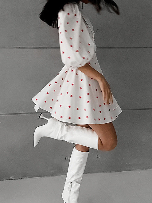 Women's Heart Print Puff Sleeve Mini Dress Button Down A Line Cute Summer Dress - Seldom Seen Styles