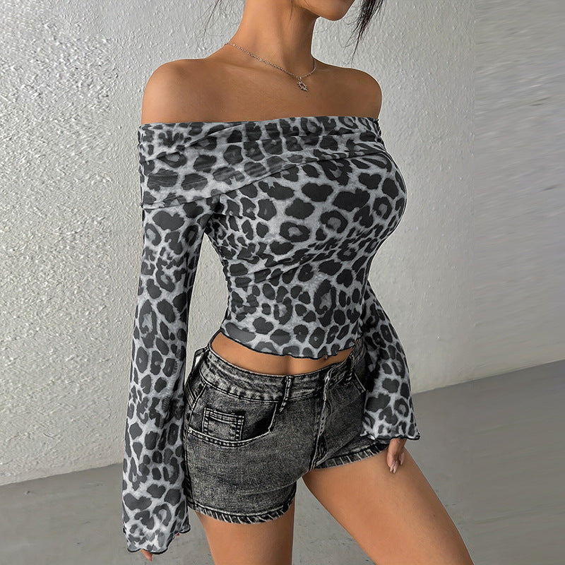 Women's summer sexy one-word shoulder long-sleeved off-the-navel leopard print top sexy hottie bottoming shirt - Seldom Seen Styles