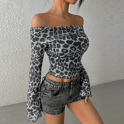Women's summer sexy one-word shoulder long-sleeved off-the-navel leopard print top sexy hottie bottoming shirt