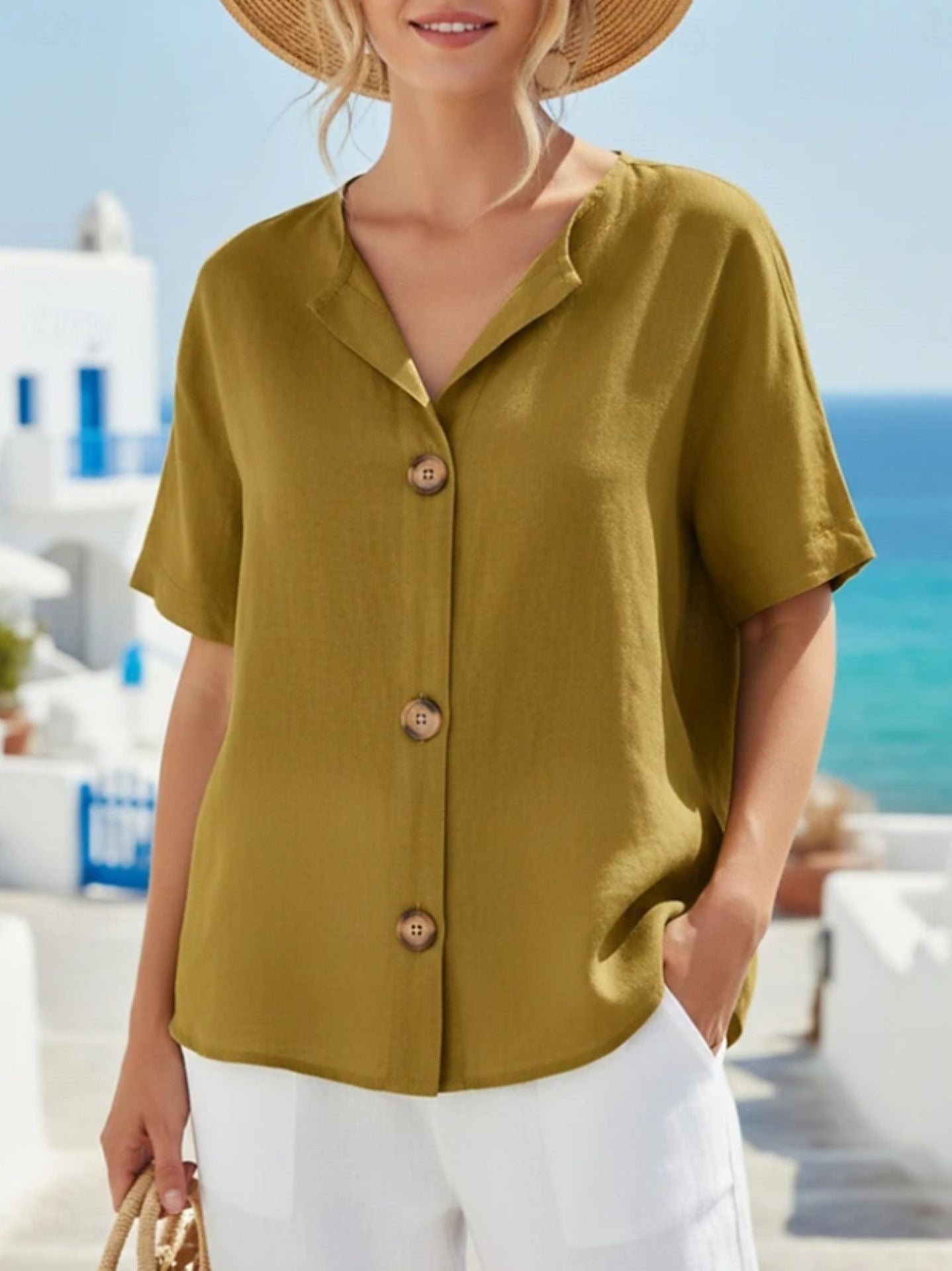 Women's Loose Casual Short Sleeve V-Neck Top Solid Color Summer Vacation Outfit - Seldom Seen Styles
