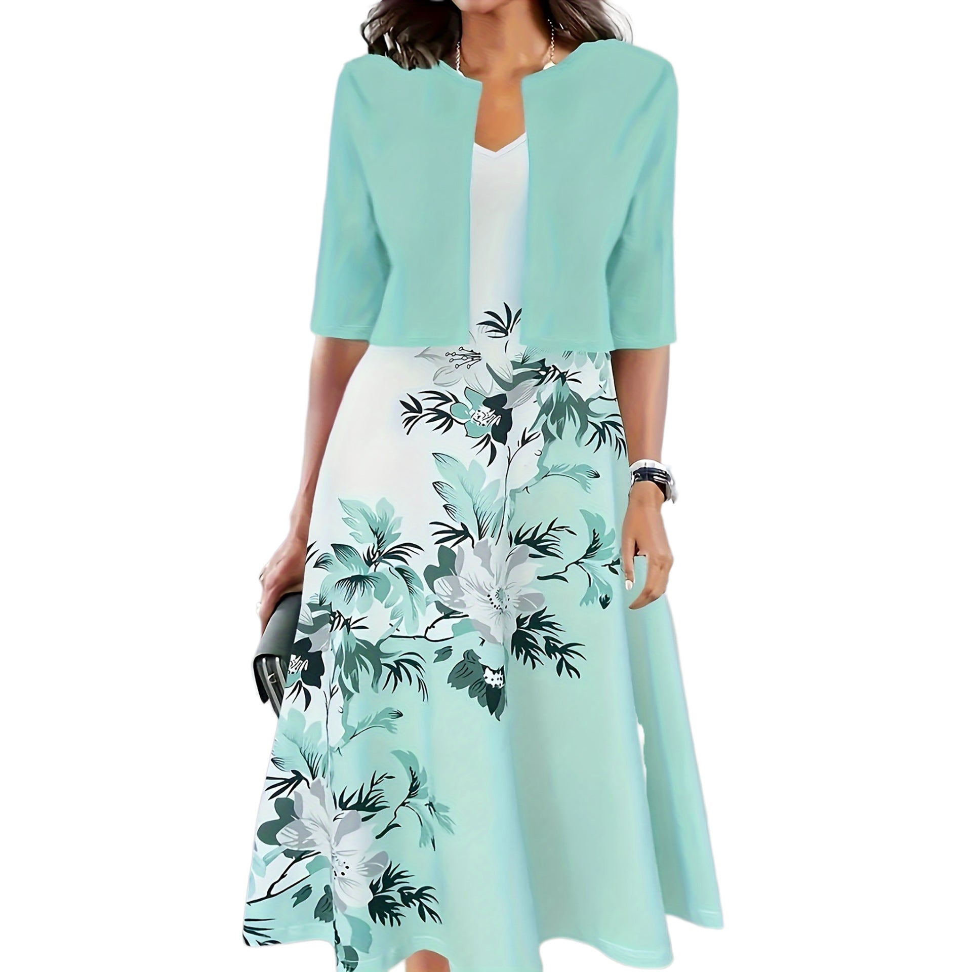 Women's Floral Midi Dress with Jacket Elegant Two Piece Dress Set - Seldom Seen Styles