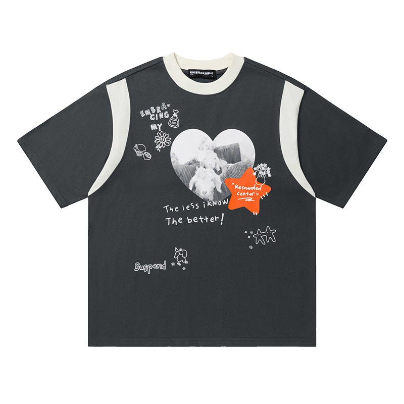Heart Collage Graphic Oversized T-Shirt Faux Layer Crew Neck Short Sleeve Casual Summer Streetwear Tee | Less Know Tee