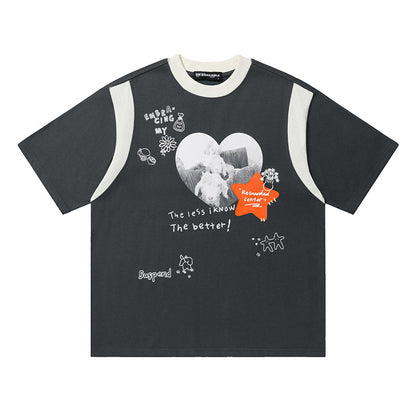 Heart Collage Graphic Oversized T-Shirt Faux Layer Crew Neck Short Sleeve Casual Summer Streetwear Tee | Less Know Tee