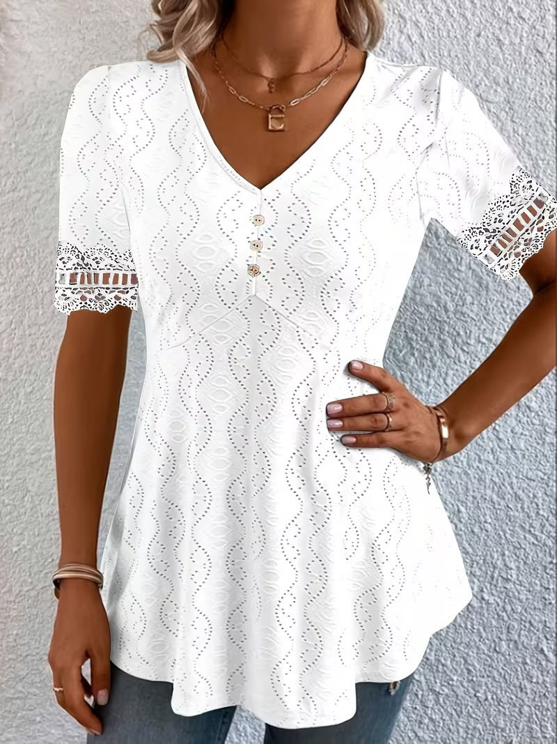 Women's V Neck Eyelet Lace Blouse Short Sleeve Tunic Top Casual Summer Shirt Boho Crochet Trim Top - Seldom Seen Styles