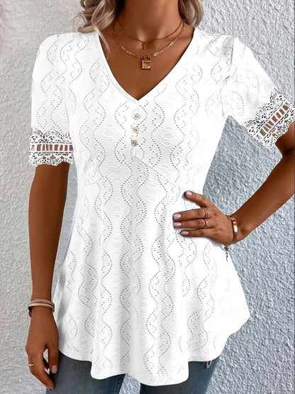 Women's V Neck Eyelet Lace Blouse Short Sleeve Tunic Top Casual Summer Shirt Boho Crochet Trim Top