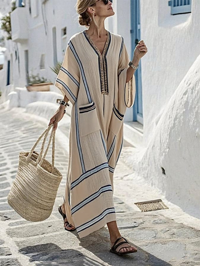Women's Boho Linen Maxi Dress Oversized Kaftan Beach Cover Up Vacation Resort Dress