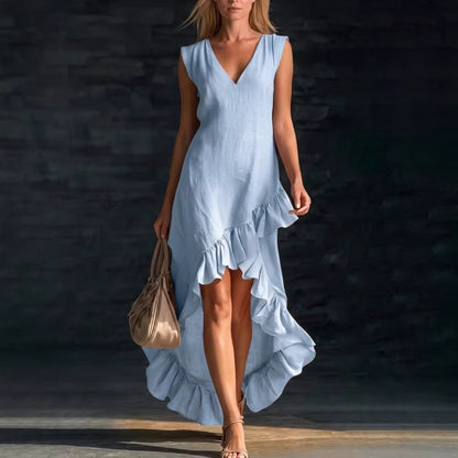 Women's V Neck Ruffle Hem Sleeveless Maxi Dress Cotton Linen Loose Fit Casual Summer Beach Dress