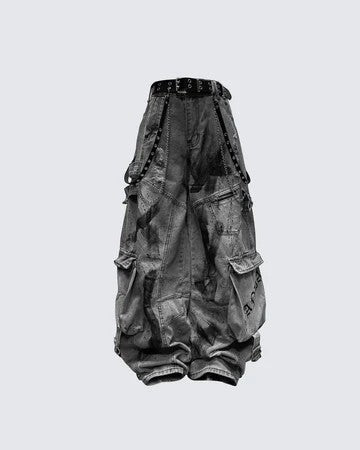 KIIKIO Streetwear Cargo Denim Pants with Belt and Chain Details