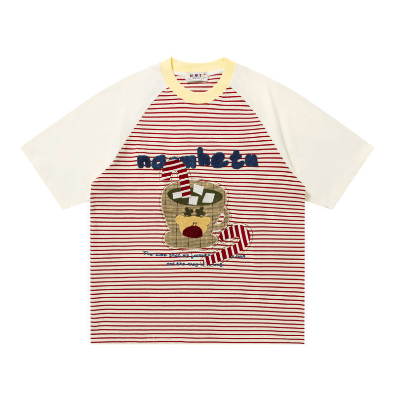 Bear Graphic Raglan Stripe T-Shirt Short Sleeve Oversized Casual Summer Streetwear Tee | Stripe Bear Tee