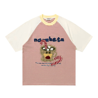 Bear Graphic Raglan Stripe T-Shirt Short Sleeve Oversized Casual Summer Streetwear Tee | Stripe Bear Tee