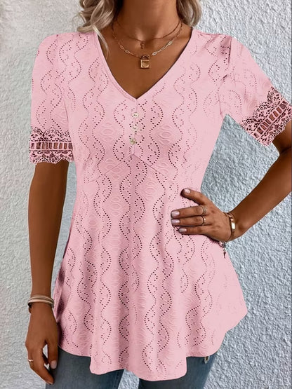 Women's V Neck Eyelet Lace Blouse Short Sleeve Tunic Top Casual Summer Shirt Boho Crochet Trim Top