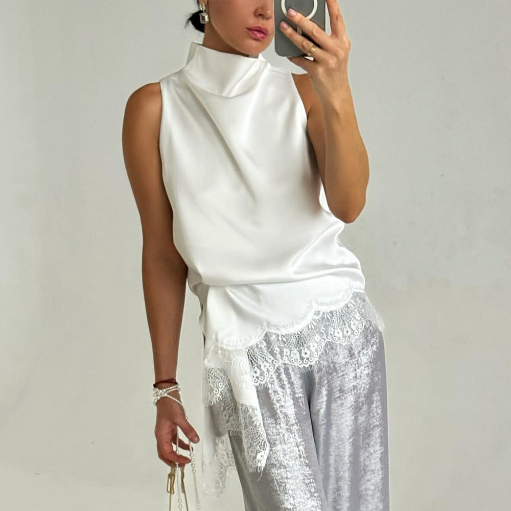 Lace lace turtleneck vest summer new irregular vest satin sleeveless top women - Seldom Seen Styles