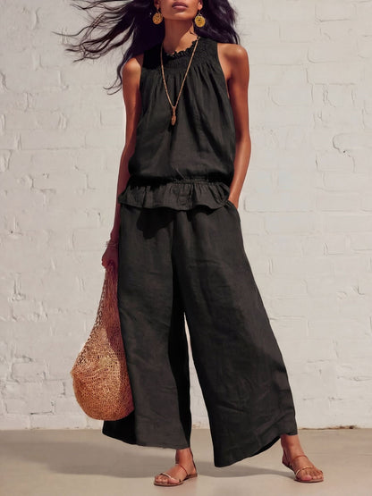 Women's Sleeveless Ruffle Wide Leg Pants Two Piece Set Cotton Linen Casual Summer Beach Outfit