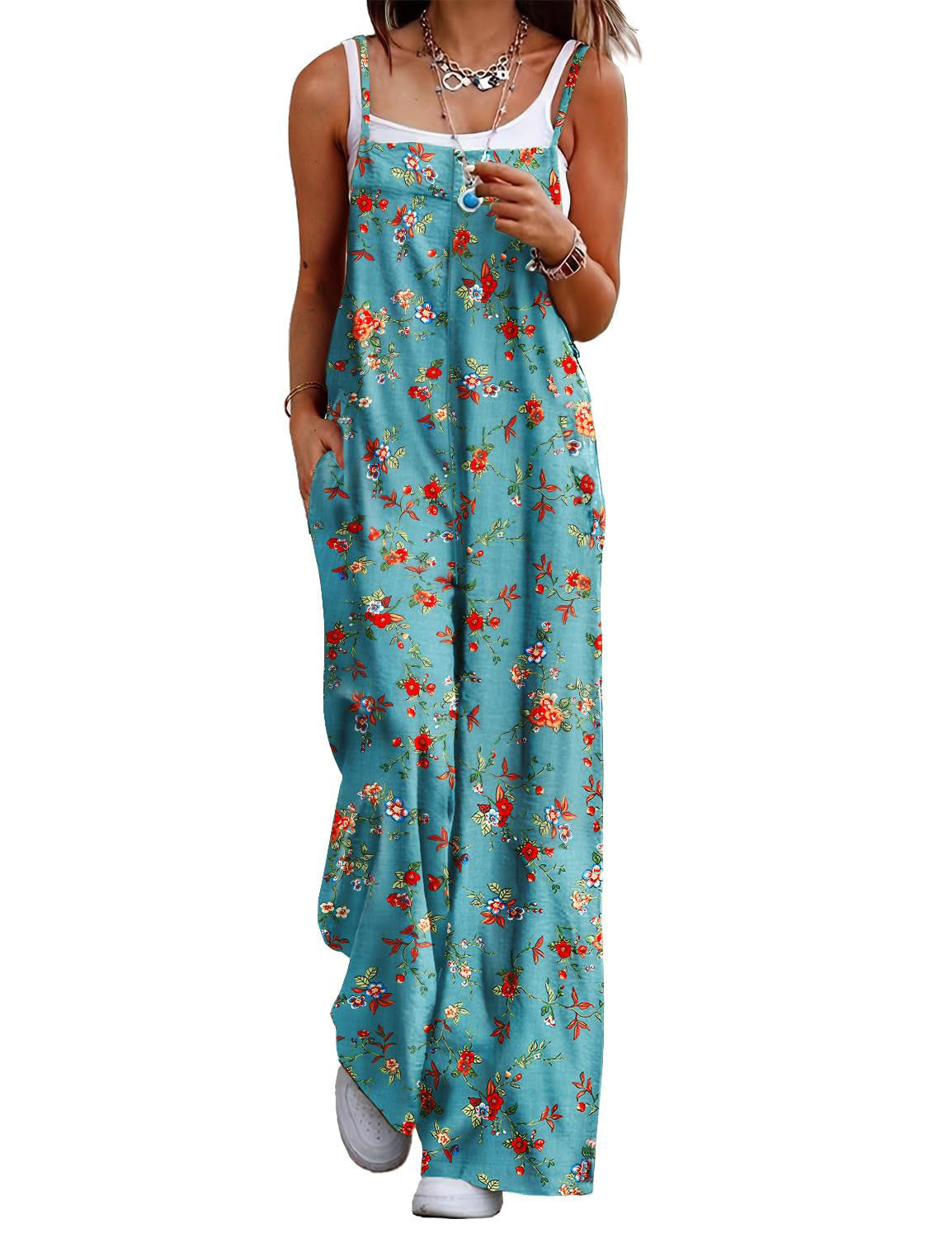 Women's Floral Print Jumpsuit Sleeveless Wide Leg Jumpsuit Adjustable Strap Casual Summer Romper with Pockets