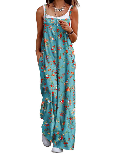 Women's Floral Print Jumpsuit Sleeveless Wide Leg Jumpsuit Adjustable Strap Casual Summer Romper with Pockets