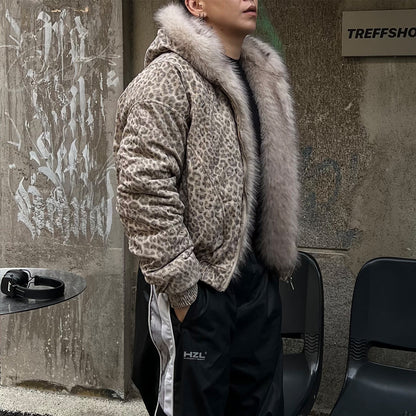 Retro Leopard Fur Collar Padded Bomber Jacket