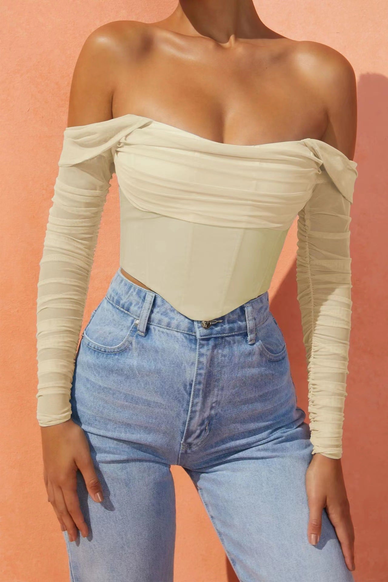 Women's clothing autumn and winter mesh yarn fish bone perspective one-word collar exposed navel short long-sleeved top women - Seldom Seen Styles