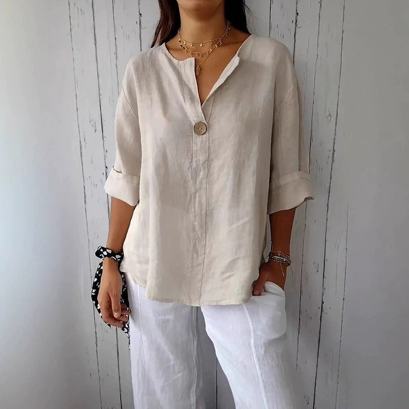 Women's Cotton Linen V-Neck Loose T-Shirt Button Detail Summer Casual Breathable Top Plus Size - Seldom Seen Styles
