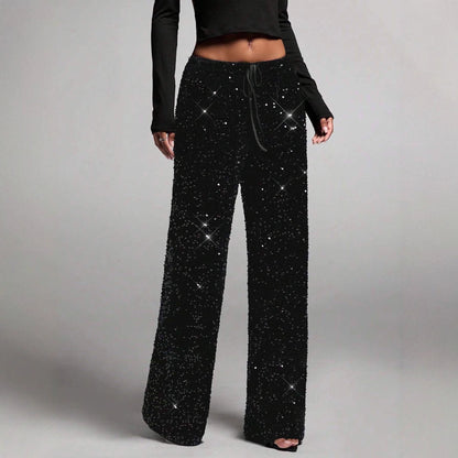 Women's Fashion Pants with Elastic Waistband, Bow Tie Design, Sequins Detailing, Stylish Long Trousers for Casual Wear