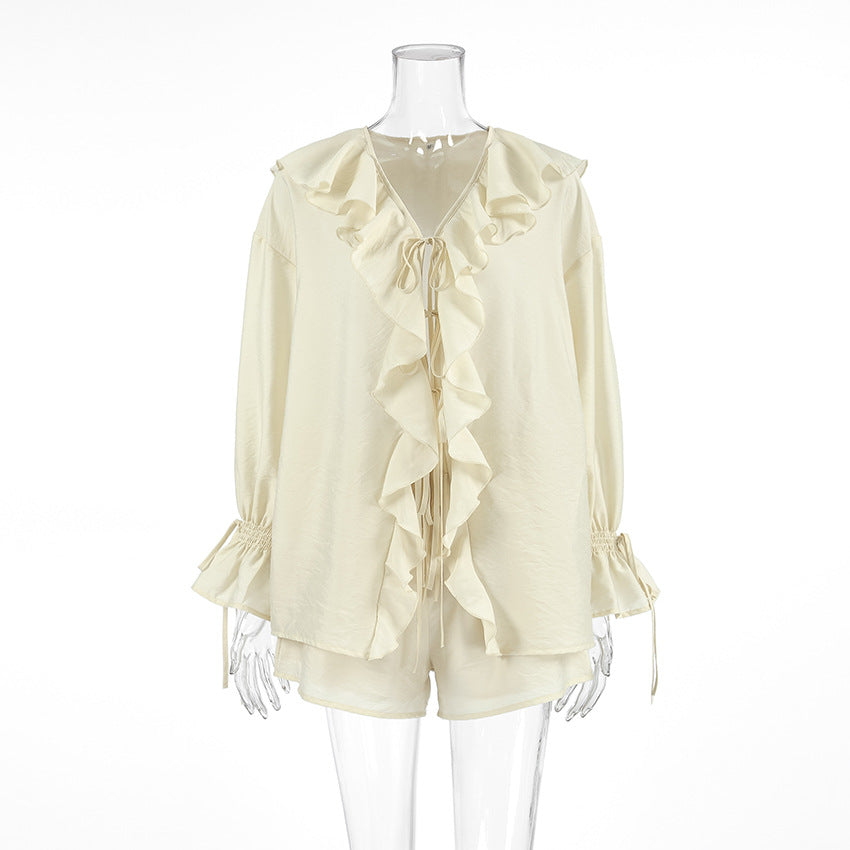 Solid Ruffled Lace-up Casual Top and Elastic Waisted Loose Pocket Shorts Set - Seldom Seen Styles