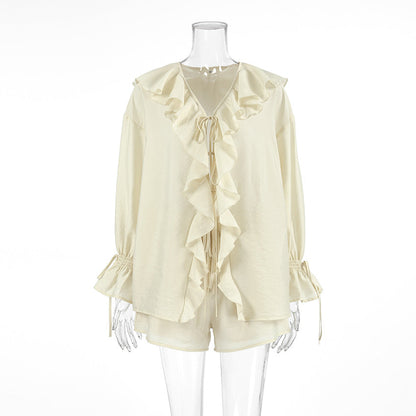 Ensemble Décontracté Top Uni Volanté à Lacets et Short Ample à Taille Élastique avec Poches