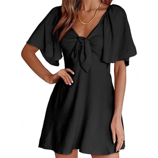 Women's V Neck Mini Dress Flutter Sleeve Tie Front Summer Dress - Seldom Seen Styles