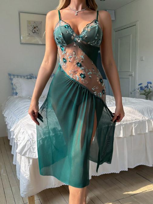Women's Embroidered Mesh Nightgown Floral Lace Slip Dress Sheer Panel Satin Sleepwear Maxi Nightdress with Side Slit - Seldom Seen Styles