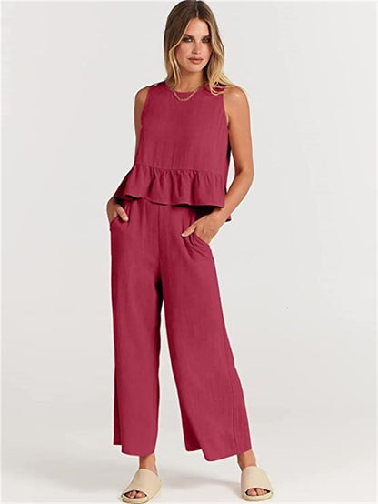 Women's Sleeveless Two Piece Pants Set Casual Ruffle Hem Top and Wide Leg Cropped Pants Matching Summer Outfit