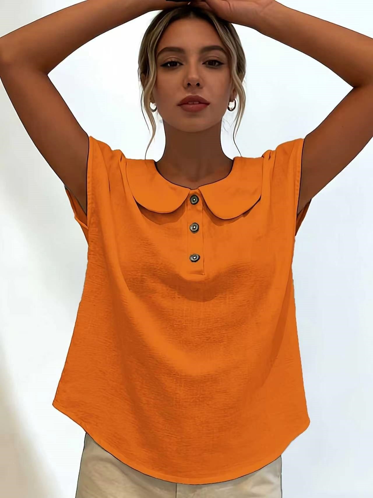 Women's Solid Color Short Sleeve Lapel Button-Up Top Shirt Casual Summer Beach Vacation - Seldom Seen Styles