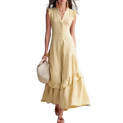 Women's Cotton Linen Maxi Dress Sleeveless V Neck Button Front Ruffle Hem Boho Summer Dress with Pockets