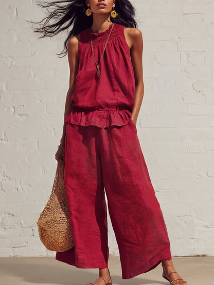 Women's Sleeveless Ruffle Wide Leg Pants Two Piece Set Cotton Linen Casual Summer Beach Outfit