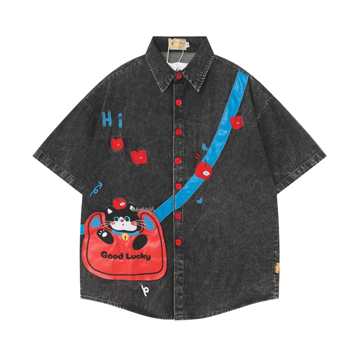 Cat Bag Patch Denim Shirt Fake Messenger Bag Embroidery Loose Fit Couple Niche Japanese Streetwear Button-Up | Cat Bag Denim Shirt
