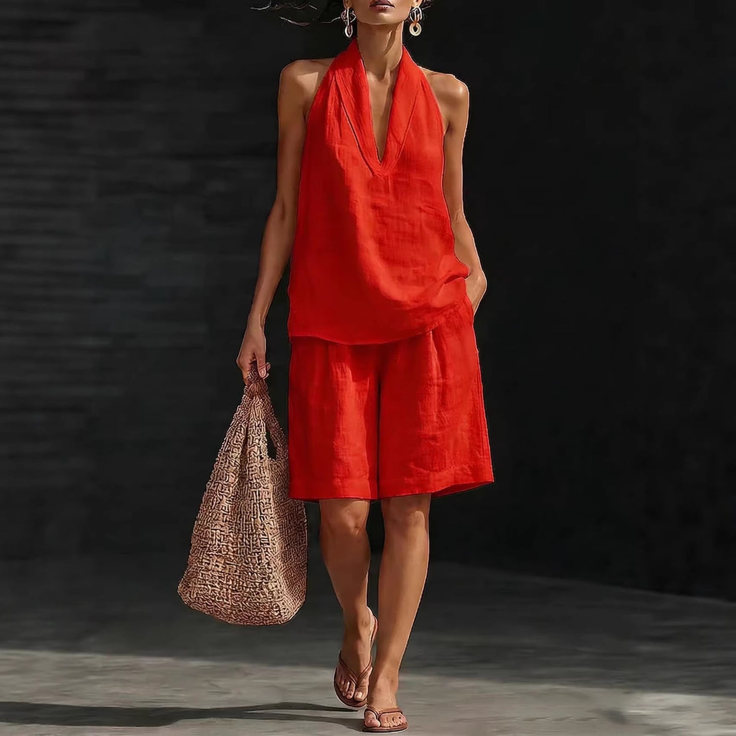 Women's Linen Blend Halter Neck Top and Shorts Set Casual Summer Two Piece Resort Outfit