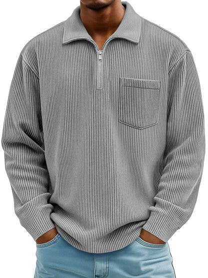 Men's Ribbed Quarter Zip Pullover Sweater Casual Long Sleeve Knit Polo Sweatshirt with Pocket