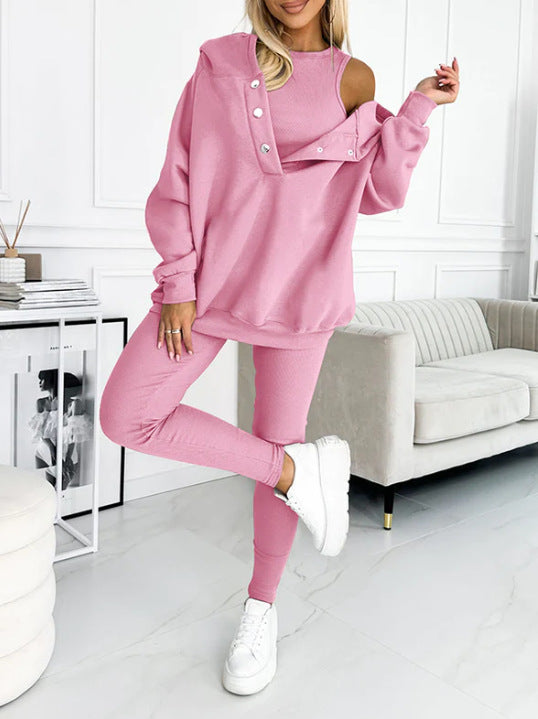 Women's Three Piece Lounge Set Hooded Sweatshirt Tank Top and Leggings Matching Tracksuit Casual Athleisure Outfit