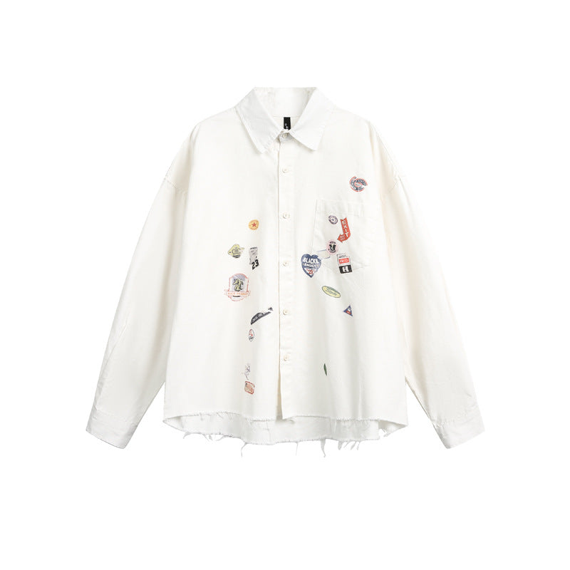 American Cartoon Sticker Print Raw Edge Long Sleeve Shirt Loose Casual Vibe Washed Trendy | Sticker Raw Shirt