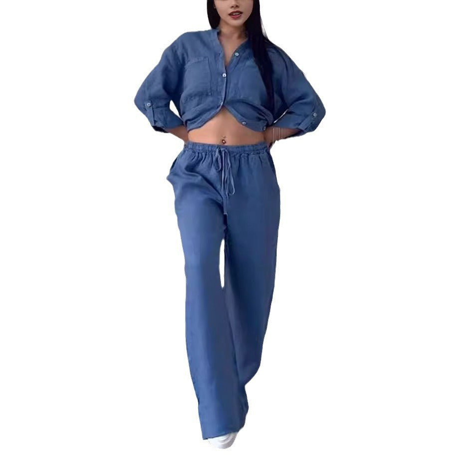 Women's Linen Two Piece Set Button Down Shirt and Wide Leg Pants Casual Matching Outfit Summer Vacation Co Ord Set
