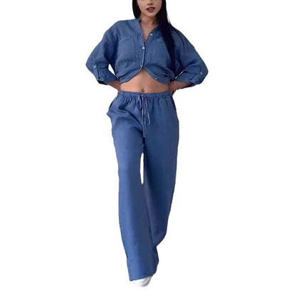 Women's Linen Two Piece Set Button Down Shirt and Wide Leg Pants Casual Matching Outfit Summer Vacation Co Ord Set