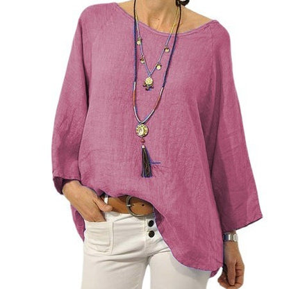 Women's Cotton Linen Blouse Casual Oversized Round Neck Top Loose Fit 3/4 Sleeve Tunic Shirt Boho Style