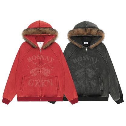 Guitar Print Fur Collar Hooded Cardigan Unisex Loose Fit American Streetwear Couple Casual Jacket | Guitar Hood