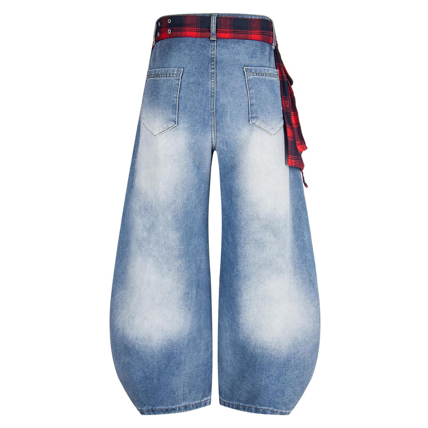 Embroidered Plaid Wide Leg Jeans Back Flap Washed Denim Loose Fit Clean Fit High Street Couple Casual Streetwear | Flap Wide Jeans