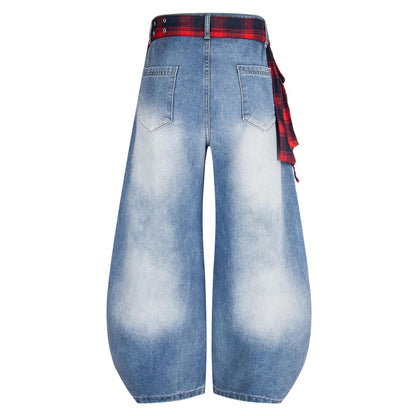 Embroidered Plaid Wide Leg Jeans Back Flap Washed Denim Loose Fit Clean Fit High Street Couple Casual Streetwear | Flap Wide Jeans
